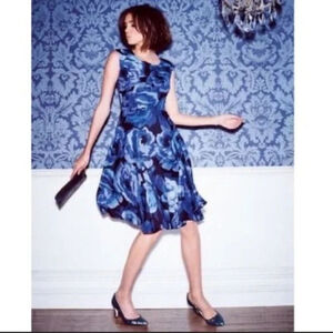 Boden Silk Dress Womens Size 8R Blue Floral Fit Flare Lined Short‎ Sleeve